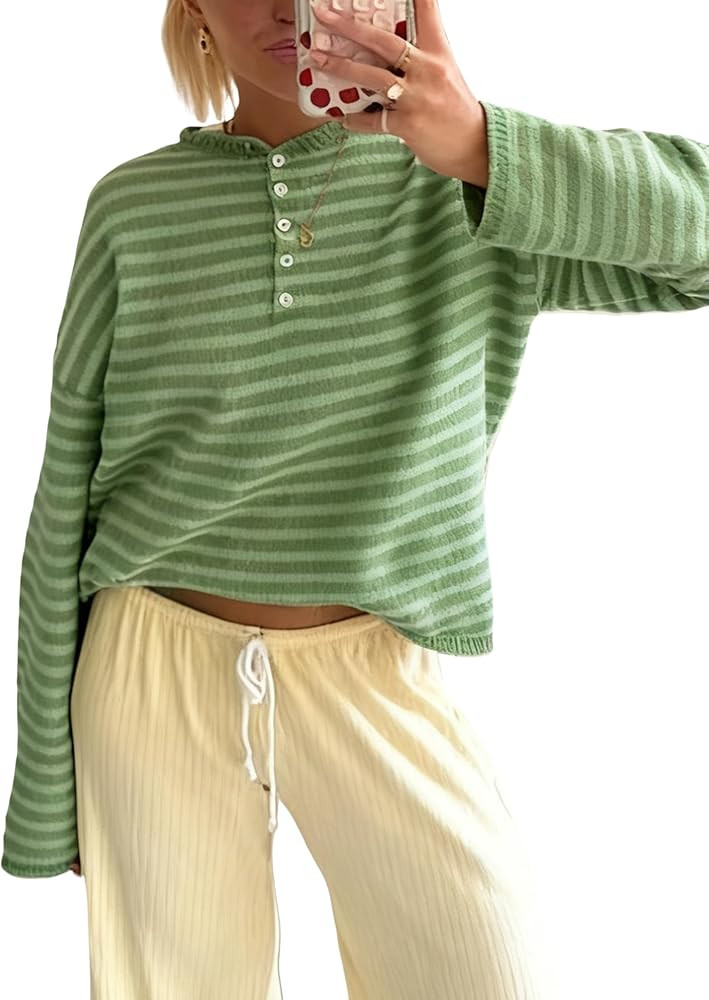 Watashi Women Striped Henley Knit Top Casual Loose Button Down Long Sleeve Pullover Spring Fall S... | Amazon (US)