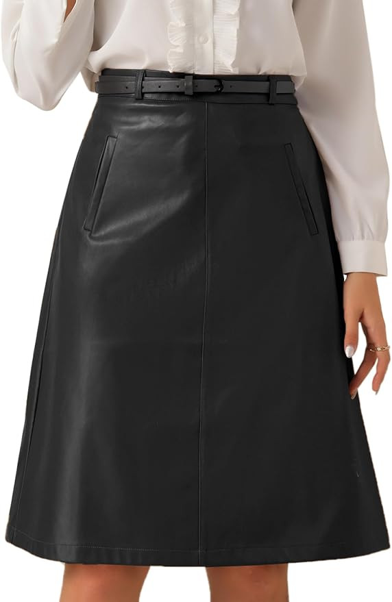 Allegra K Faux Leather Skirts for Women A-Line High Waist Belted PU Midi Skirt 2025 Fall Outfits | Amazon (US)