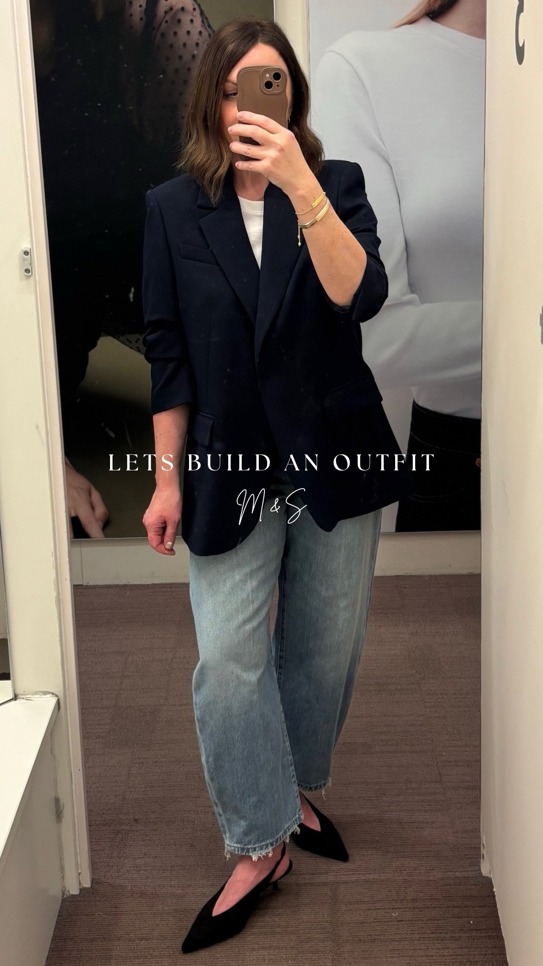 Lets build an outfit with me 

t-shirt - 12 TTS
Blazer - sized up to a 14 for a more relaxed fit 
Jeans - 12 short they run true to size more a less, if in between like me Id say go for the larger of your sizes. 
Shoes - size up 1 or a 1/2 size 

Navy blazer, barrel jesns, white t shirt & pointed kittens heels 

#LTKstyletip #LTKover50style #LTKspring