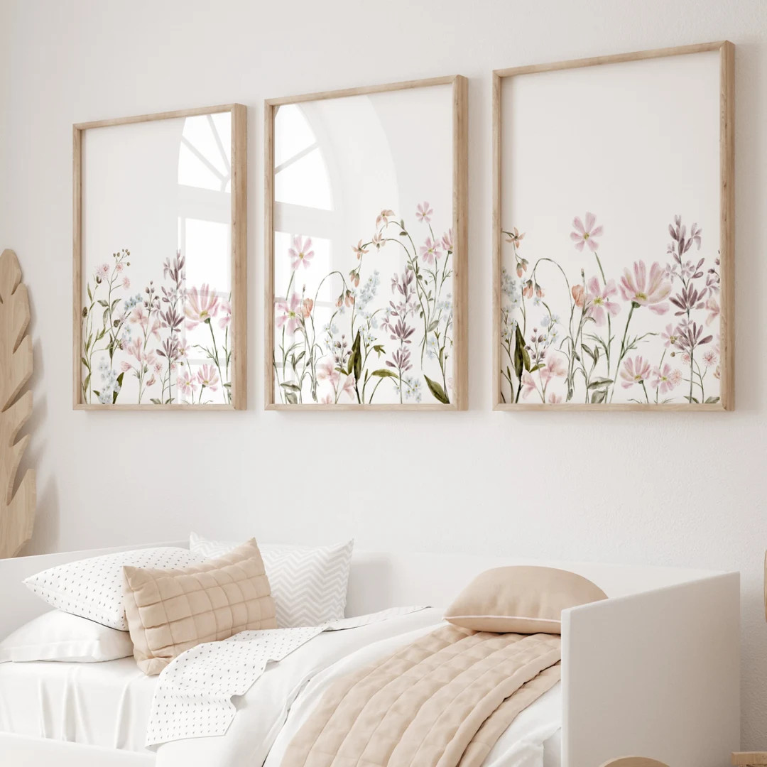 Botanical Wall Art Prints Pink Wildflower Wall Decor Nursery Wall Art Set of 3 Prints Bedroom Wal... | Etsy (US)