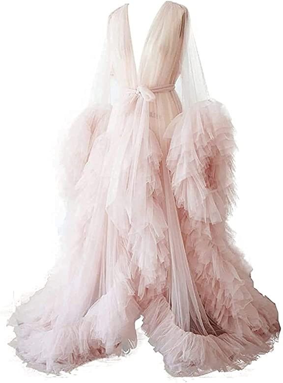 Ladies Dressing Gown Perspective Sheer Long Robe Puffy Tulle Robe Sheer for Maternity Photoshoot | Amazon (US)