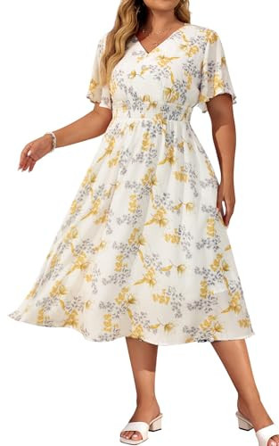 Hanna Nikole Women's Plus Size Summer Floral Boho Dress V Neck Swing A Line Beach Long Maxi Dress Yellow Flower 16W | Amazon (US)