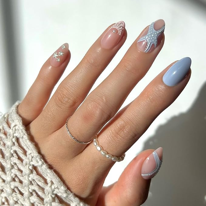 Glamnetic Press On Nails - Salty Waves | Short Almond Starfish Fake Nails with 3D Nail Art, Salon... | Amazon (US)