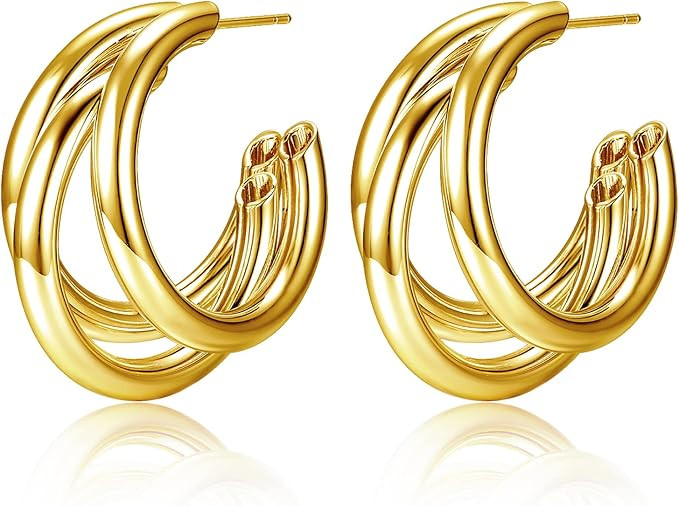 Lavenda W.J Chunky Gold Hoop Earrings for Women, 14K Gold Plated Hypoallergenic Earrings, C-Hoops... | Amazon (US)