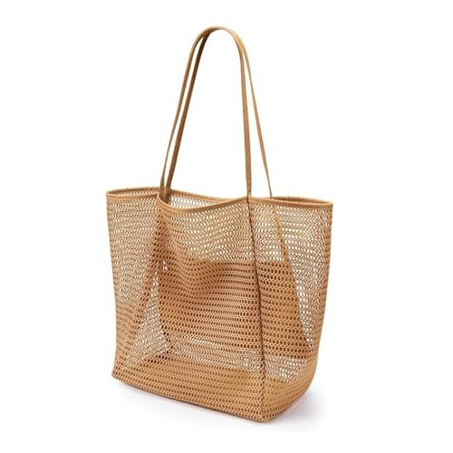 YINWANBB Beach Bags for Women,Mesh Tote Bag with Large Inner Pocket, Sandproof Shoulder Handbag for Beach and Pool (Brown) | Amazon (US)