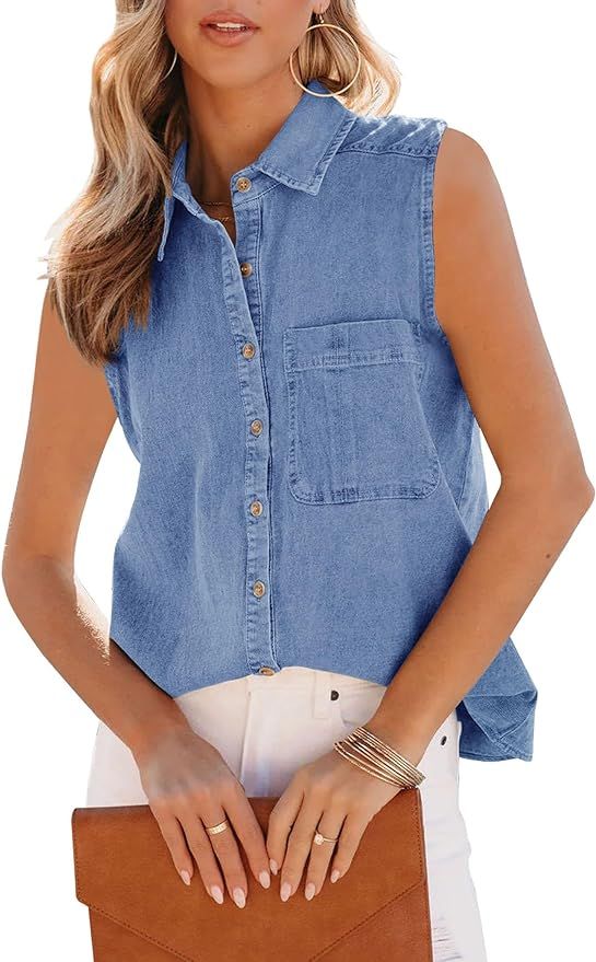 PRETTODAY Women's V Neck Denim Tank Top Button Down Sleeveless Shirts Collared Casual Blouse Tops | Amazon (US)
