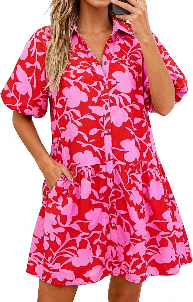 PRETTYGARDEN Womens Summer Dresses 2026 Casual Puff Sleeve Button Down Mini Shirt Dress Boho Flor... | Amazon (US)
