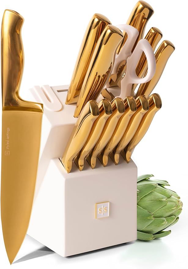 White and Gold Knife Set with Sharpener - 14PC Self Sharpening Knife Block Set - White and Gold K... | Amazon (US)