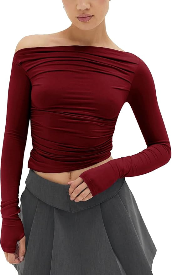 MISS MOLY Women's Off Shoulder Asymmetrical Tops Y2K Ruched Slim Sexy Cropped Long Sleeve Tee Shi... | Amazon (US)