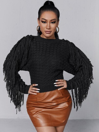 SHEIN SXY Fringe Trim Cable Knit Batwing Sleeve Sweater | SHEIN