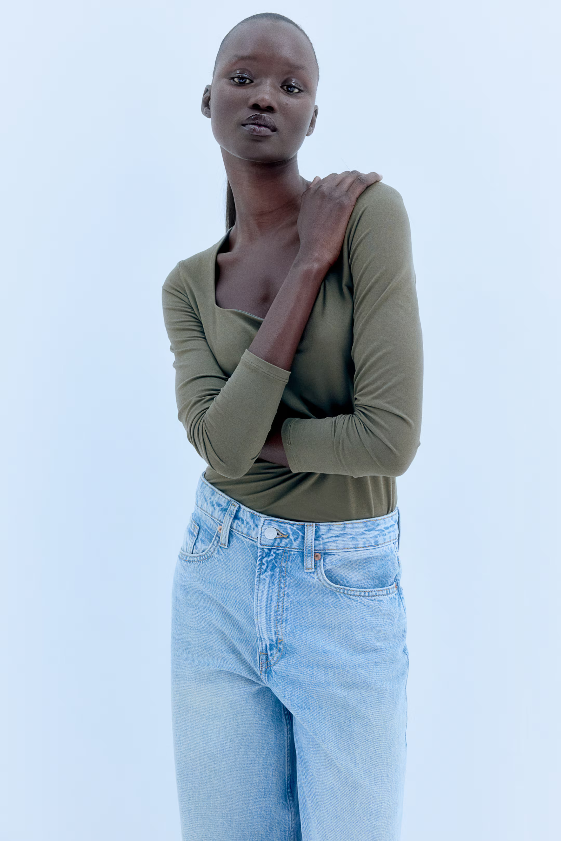 Long-sleeved Jersey Top - Square Neckline - Long sleeve - Dark khaki green - Ladies | H&M US | H&M (US + CA)