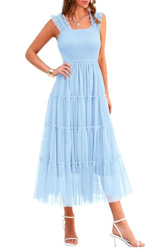 PRETTYGARDEN Women's Summer Midi Tulle Dress Sleeveless Smocked Square Neck Ruffle Flowy Party Wedding Guest Sundress (Light Blue,Medium) | Amazon (US)