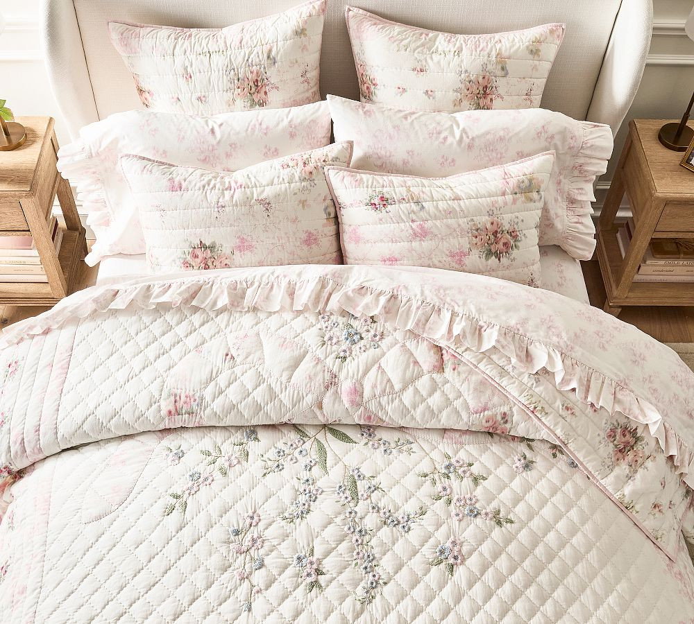 LoveShackFancy Floral Bow Patchwork Embroidered Quilt | Pottery Barn (US)