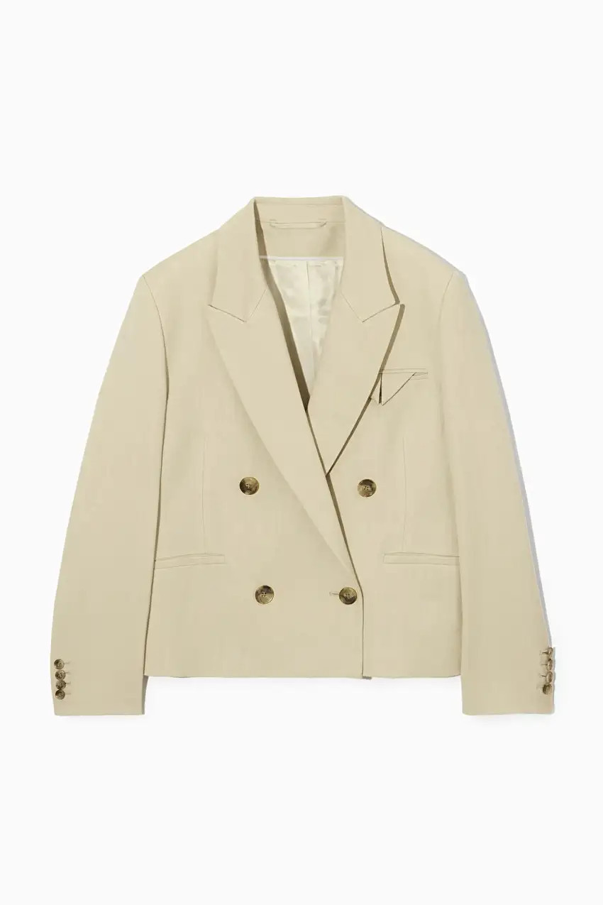 DOUBLE-BREASTED CROPPED LINEN-BLEND BLAZER - LIGHT BEIGE - COS | COS UK