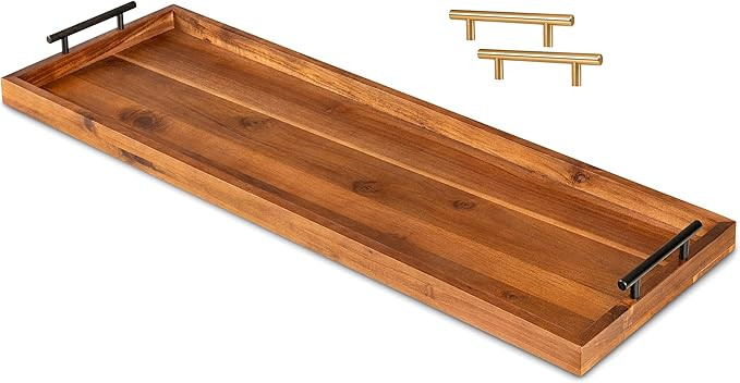 Large Acacia Serving Board with Metal Handles, 36 x 12 Inch Rectangular Charcuterie Board, Natura... | Amazon (US)