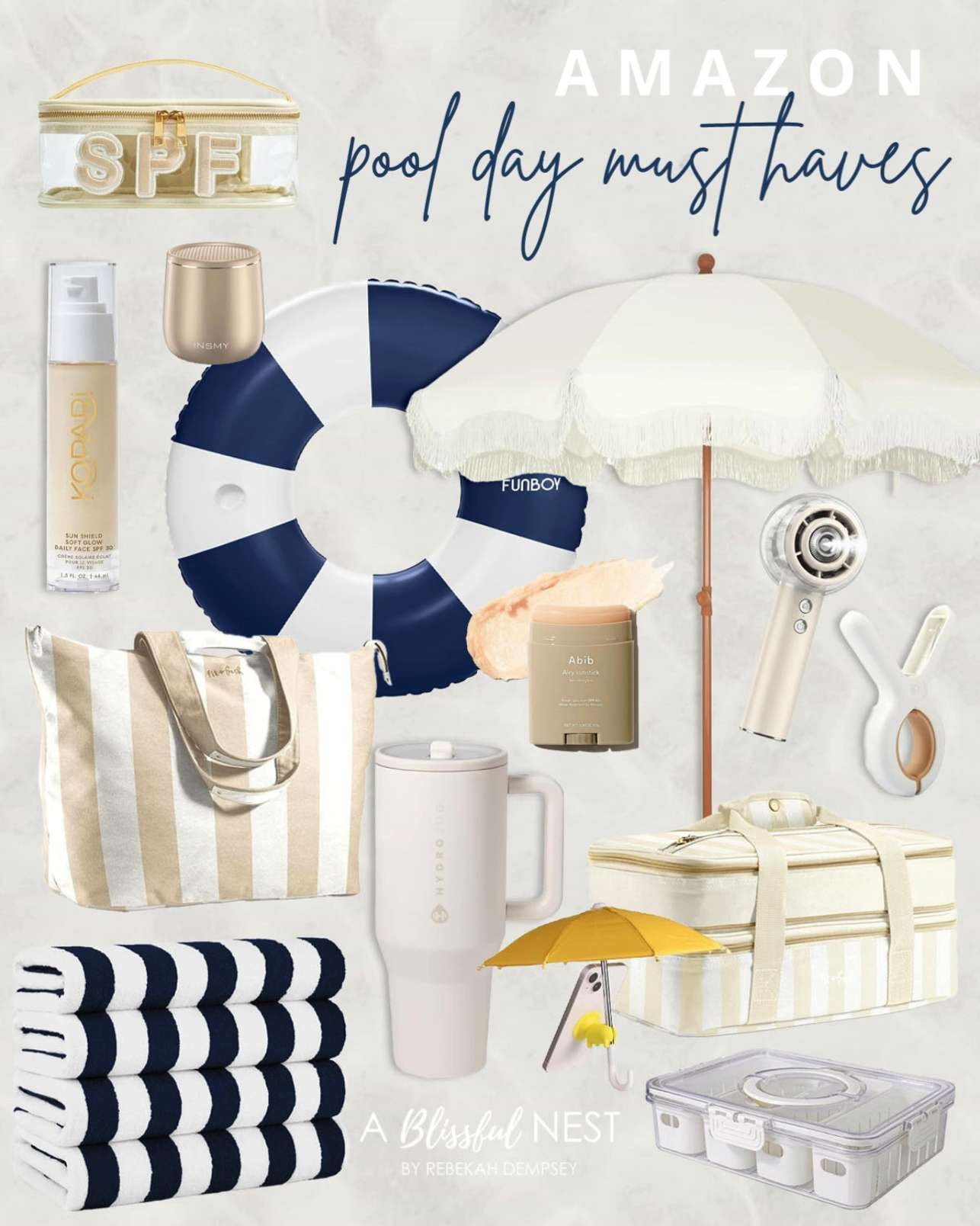 My favorite Amazon finds for staying cool, organized, and ready for fun. Tap to shop.

SPF pouch, Kopari sun shield face SPF, INSMY mini speaker, Funboy pool float, fringe beach umbrella, handheld personal fan, nail clipper, Abib airy sunstick, striped tote bag, HydroJug tumbler, mini phone umbrella, insulated cooler bag, striped beach towels, and storage organizer container. 

 #LTKSeasonal #LTKHome #LTKBeauty