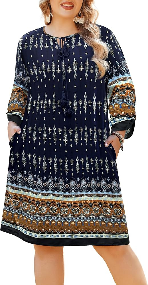 IN'VOLAND Plus Size Women Floral Print Dress Summer Casual Vintage Boho Tassel Tie Neck 3/4 Sleev... | Amazon (US)