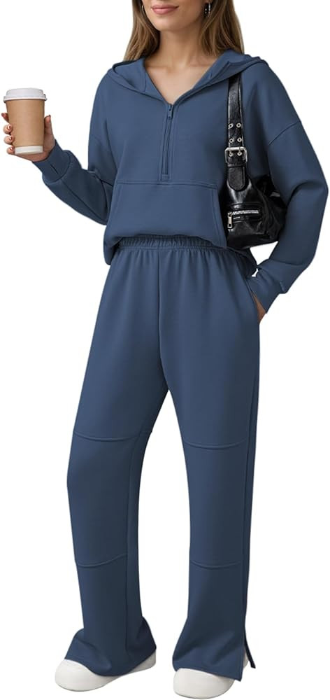 Pink Queen Women's 2 Piece Lounge Sets Half Zip Hooded Sweatshirt and Wide Leg Sweatpants Sweatsu... | Amazon (US)
