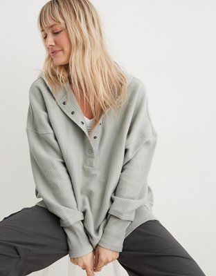 Aerie Textured Henley Hoodie | American Eagle Outfitters (US & CA)