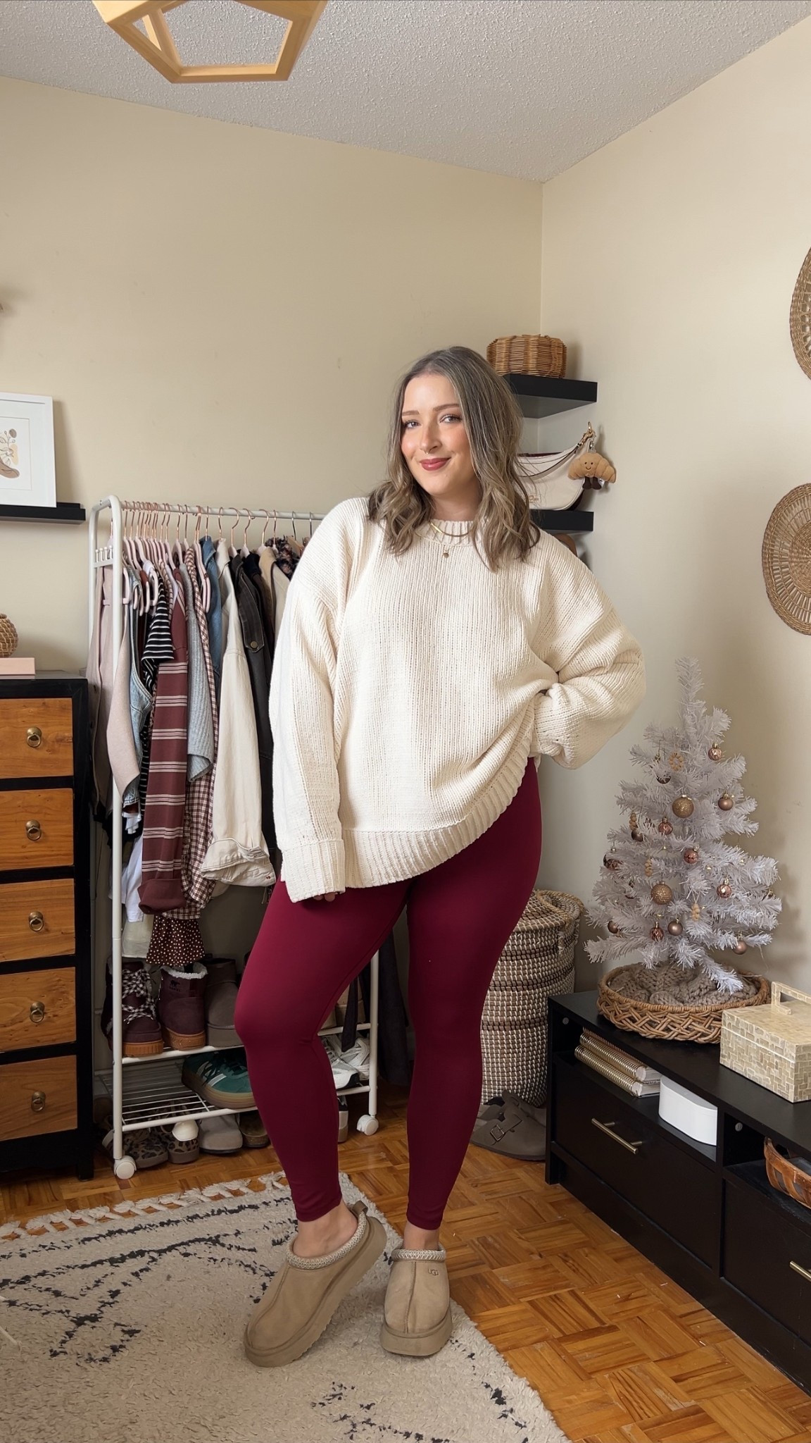 Comfy winter outfit from Aerie! Sweater is incredibly soft chenille, wearing my usual size L. Also wearing L in the leggings! I love this burgundy color for a casual festive look! Ugg Tazz platforms are TTS
Comfy Christmas outfits, loungewear


#LTKmidsize #LTKsale #LTKwinter