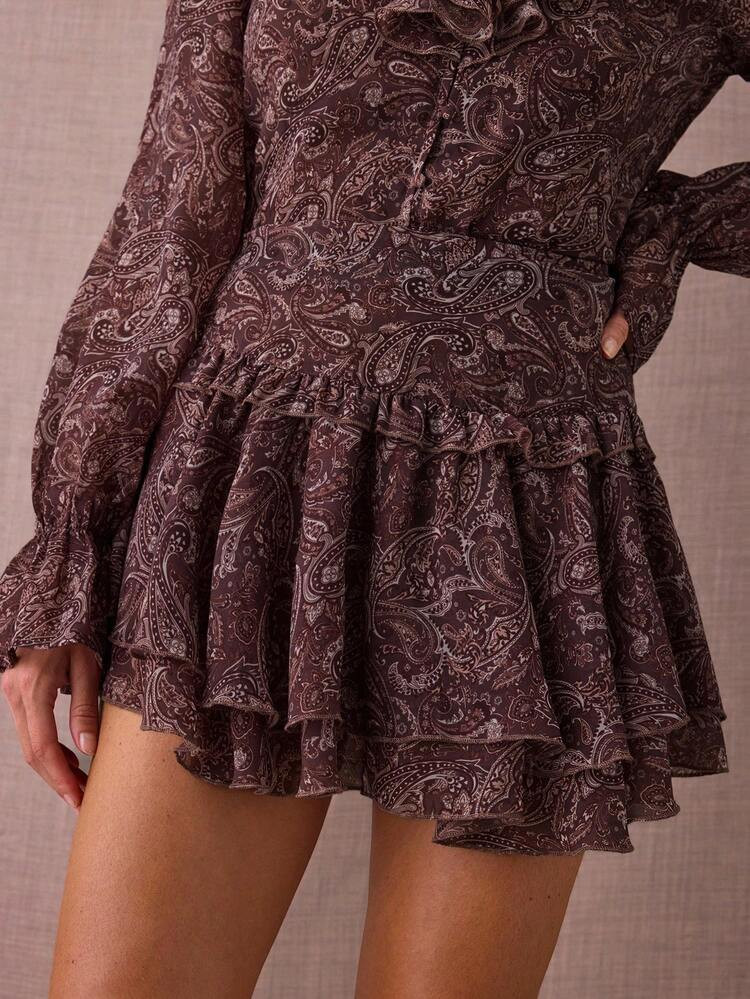 Enchnt Fall/Winter Romantic Women's Boho Chic Caramel Brown Cashew Print Ruffle Hem Cute Mini Skirt,Sweet&Elegant&Fashionable For Vacation&Date&Holiday&Birthday&Party&Graduation&Wedding Guest&Office&Going Out&Halloween&Christmas,Back To School,Fall Skirts For Women,Autumn Clothes | SHEIN