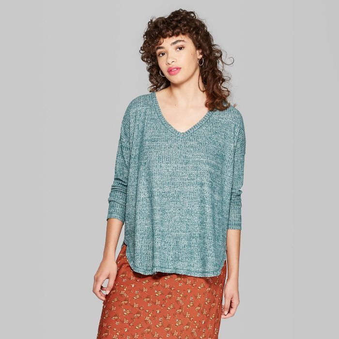 Women's Long Sleeve V-Neck Cozy T-Shirt - Wild Fable™ Teal | Target