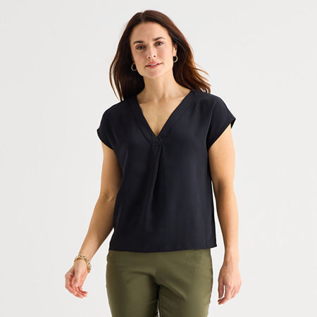 Liz Claiborne Womens V Neck Short Sleeve Satin Blouse, Petite X-large, Black | JCPenney