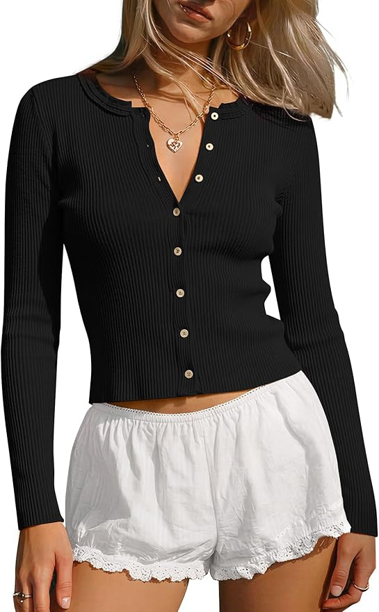 Darong Women's Long Sleeve Ribbed Knit Slim Fit Top Button Down Lightweight Cardigan Going Out Sh... | Amazon (US)