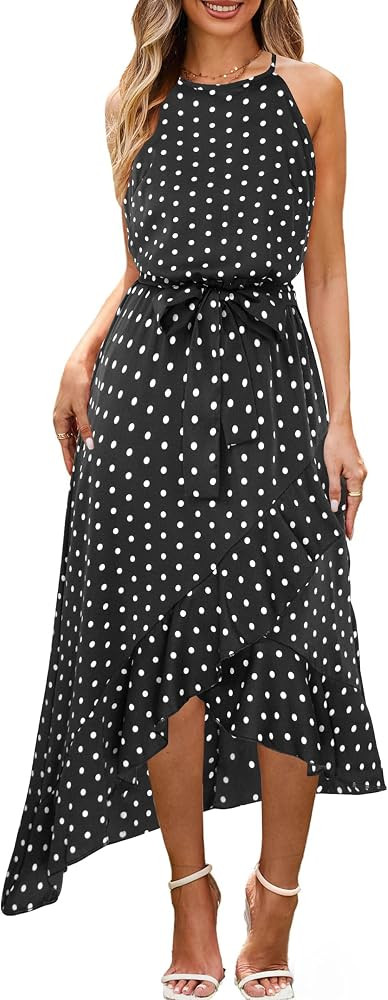 ECOWISH Polka Dot Womens Summer Dress Flowy Cute High Low Sleeveless Boho Criss Cross Halterneck ... | Amazon (US)