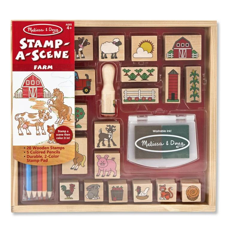 Melissa & Doug Stamp-a-Scene Wooden Stamp Set: Farm - 20 Stamps, 5 Colored Pencils, and 2-Color S... | Walmart (US)