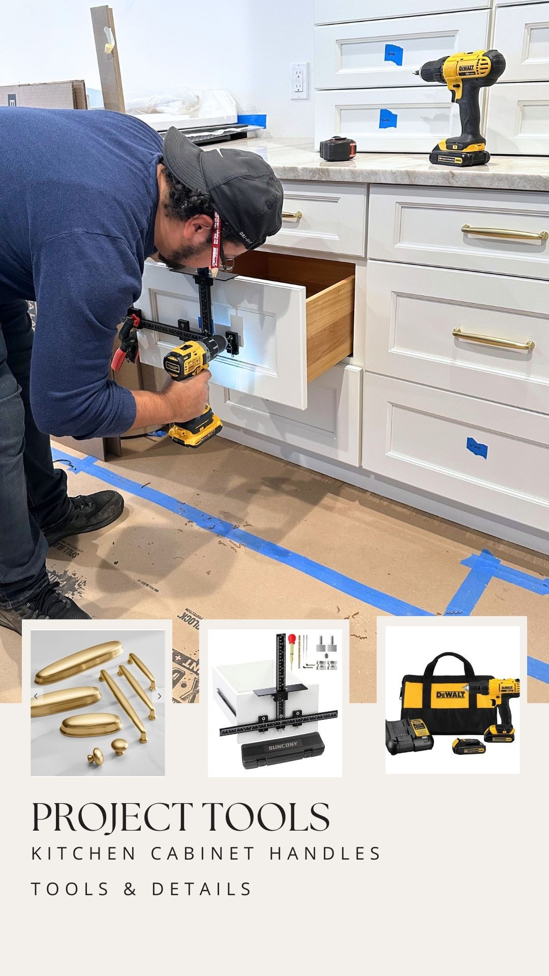 This DIY Kitchen project calls for brass hardware, a cordless drill, and a jig! This is hands down our favorite project to date! 

#LTKHome #LTKFamily #LTKSaleAlert