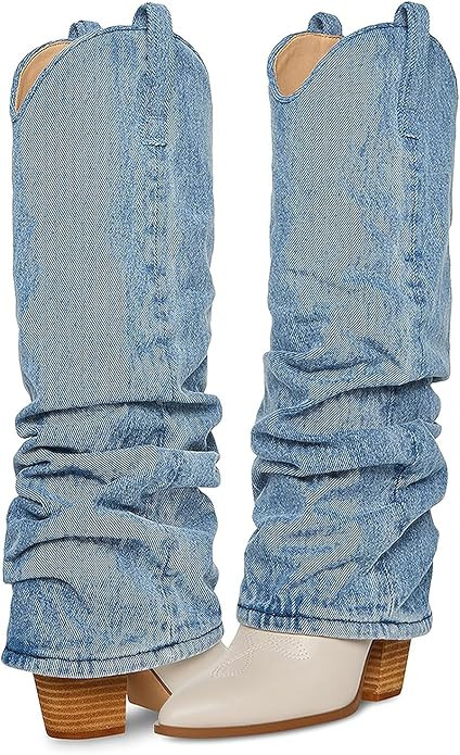 SHODENSE Women Fold Over Western Boots Chunky Heel Pointed Toe Cowboy Knee High Boots Wide Calf 3... | Amazon (US)