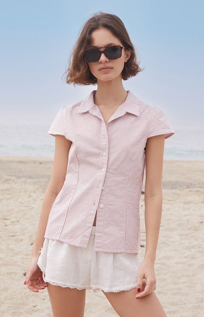 John Galt Women's Striped Rue Collared Top in Beige/White | PacSun