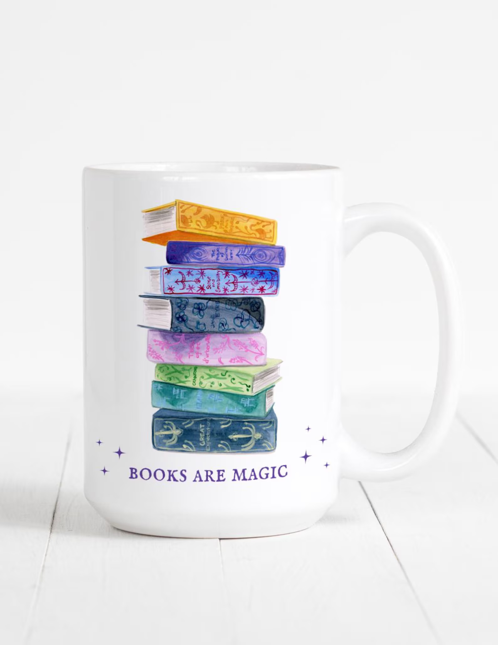 Book Lover Gift Mug Illustration Stack of Books Magic Drawing Fantasy Reader Gift for Friend Clas... | Etsy (US)
