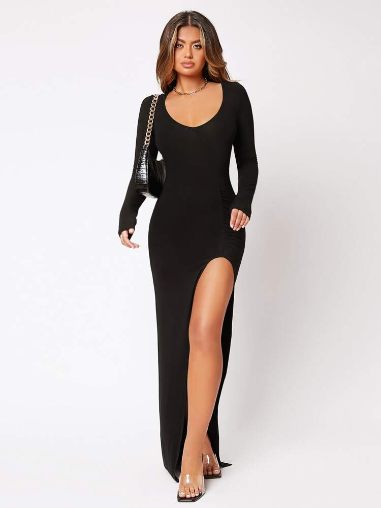 SHEIN Solid Split Thigh Scoop Neck Dress | SHEIN