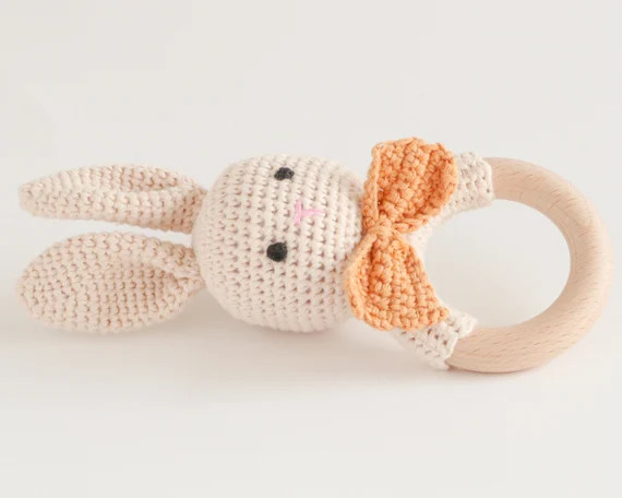 Wood & Crochet Teether Rattle  Bowtie Bunny  Babyshower - Etsy | Etsy (US)
