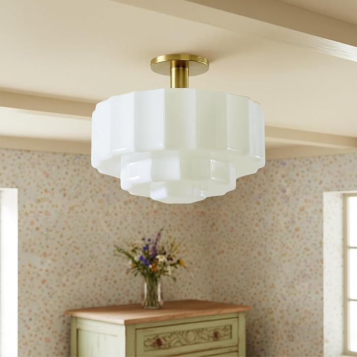 Milk Glass Ceiling Light Fixture - 13.7'' Antique Gold Semi-Flush Mount Ceiling Light for Bedroom... | Amazon (US)