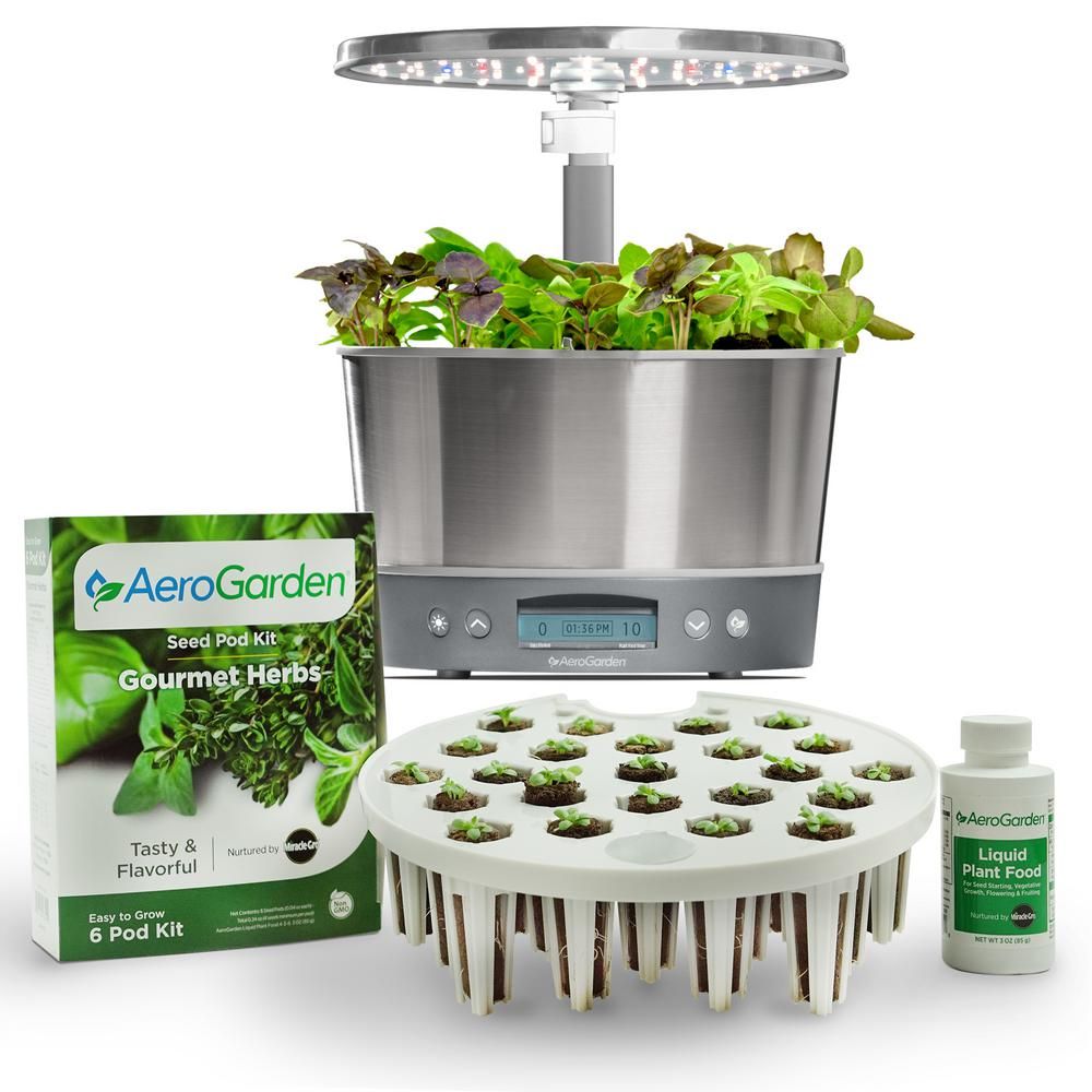 AeroGarden Stainless Steel Seed Starting Harvest Elite 360 System Bundle, Silver | The Home Depot