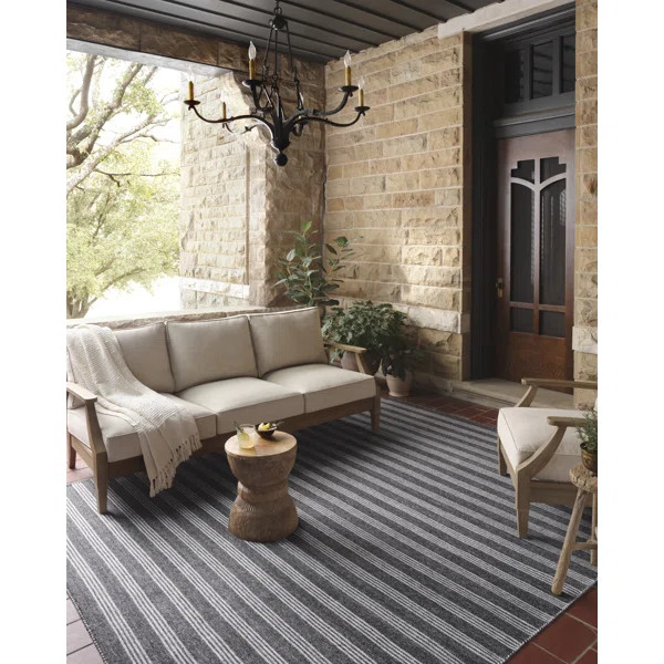 Charlie Striped Hand Loomed Polyester Indoor / Outdoor Area Rug in Black/Gray | Wayfair North America
