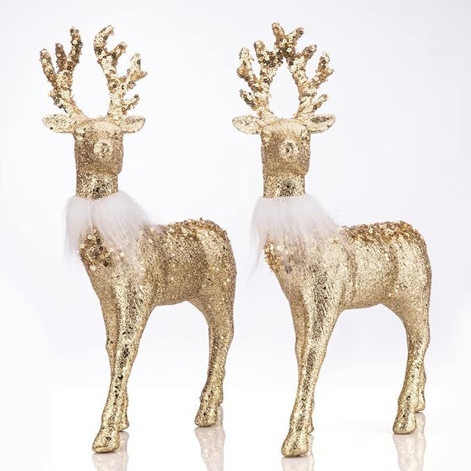 Benzoyl 12" Christmas Reindeer Decorations Freestanding Christmas Figurines Deer with White Fur, ... | Amazon (US)