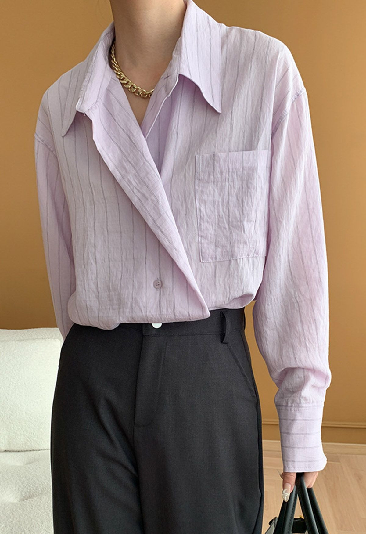 Striped Collared Patch Pocket Shirt in Lilac | Chicwish