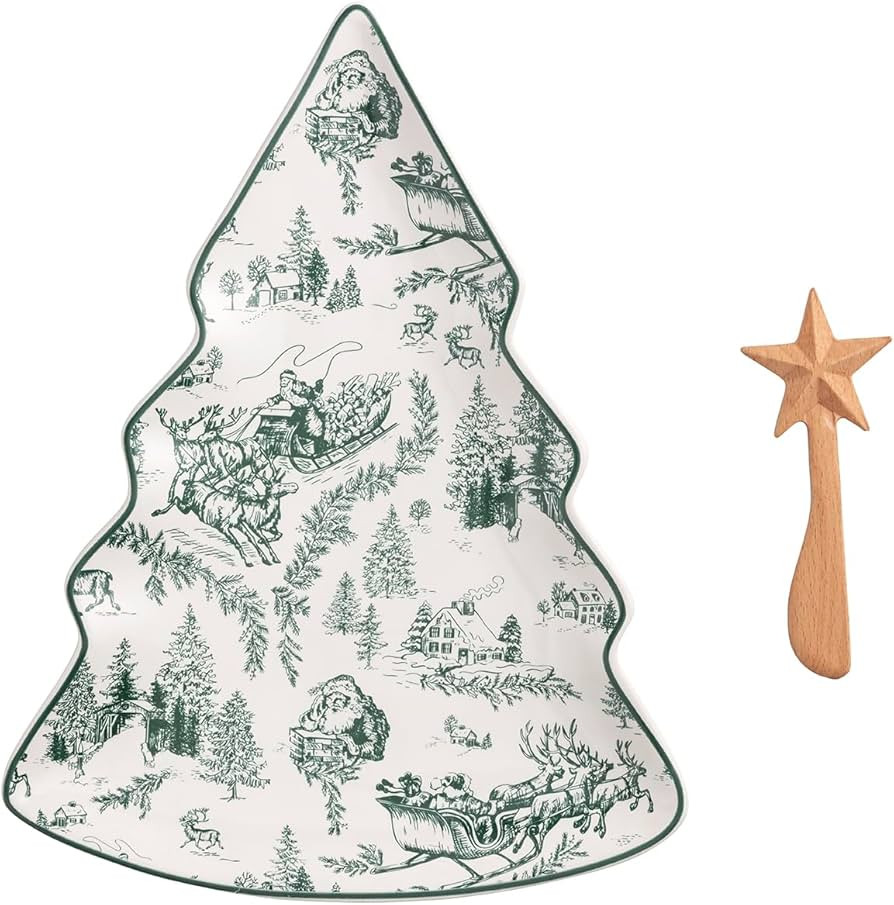 Mud Pie Christmas Green Toile Tree Platter Set | Amazon (US)