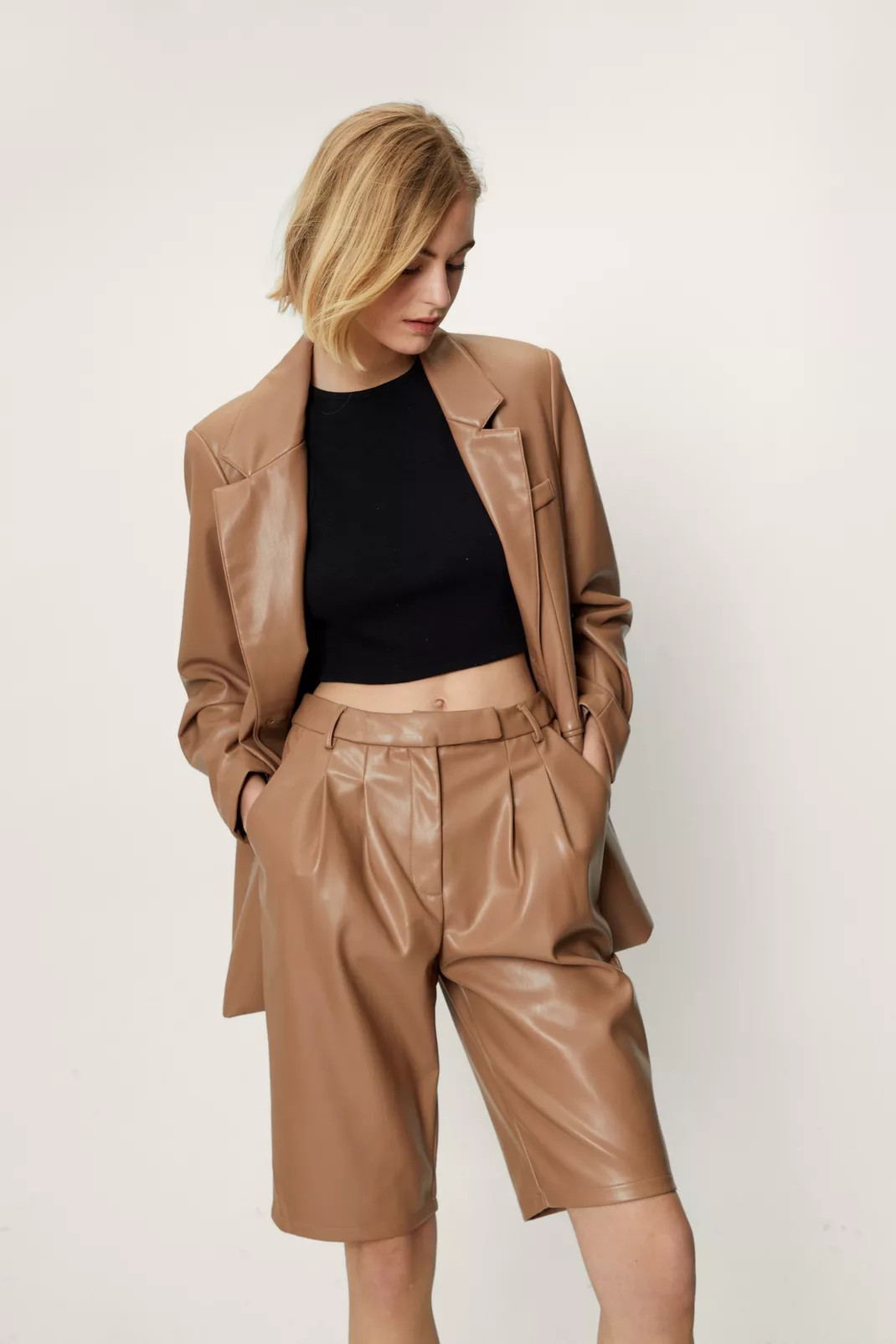 Faux Leather Pleated Waist Longline Shorts | Nasty Gal (US)
