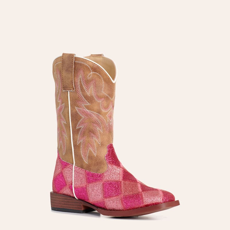 Roper Kids' Pink Checkered & Brown Faux Leather Square Toe Cowboy Boots | Cavender's