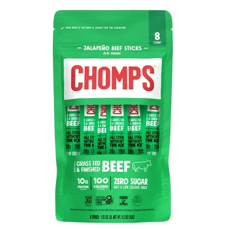 Chomps Grass-Fed and Finished Jalapeño Beef Jerky Snack Sticks, 10g of Protein (8 Count) | Walmart (US)