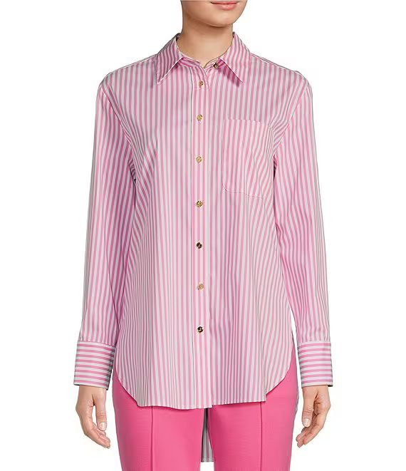 Kimber Cotton Stripe Point Collar Curved High-Low Long Sleeve Button-Front Shirt | Dillard's