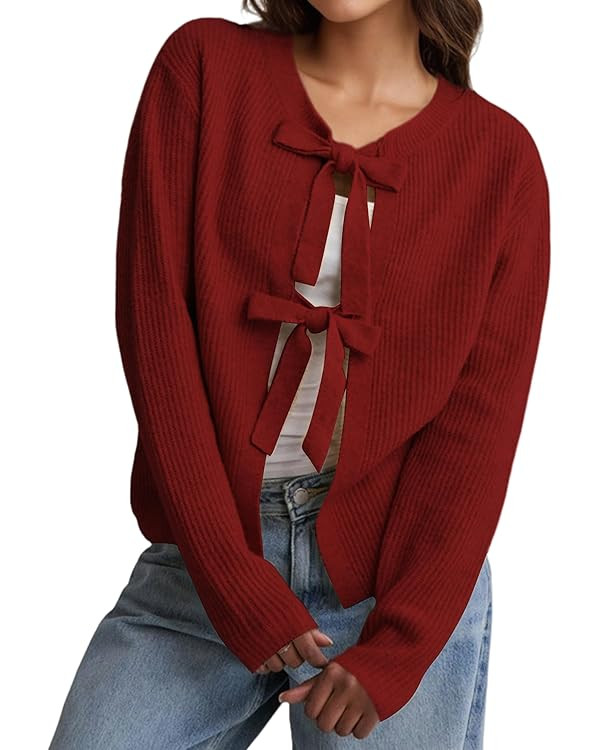 Women Casual Open Front Bow Tie Up Cardigan Sweater Jacket Round Neck Long Sleeve Crop Rib Knit T... | Amazon (US)