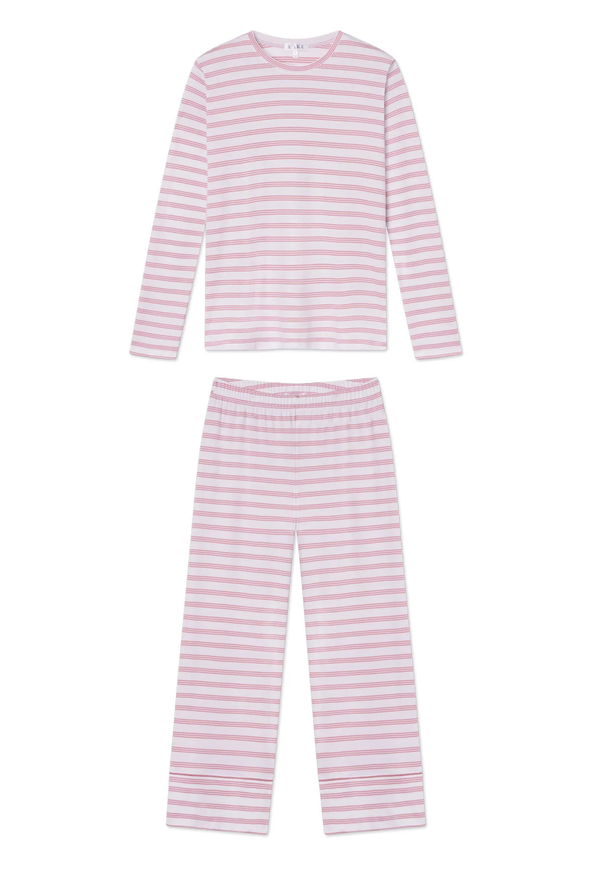 Pima Crew Long Sleeve Wide Leg Pajama Set in Light Camellia Triple Stripe | Lake Pajamas