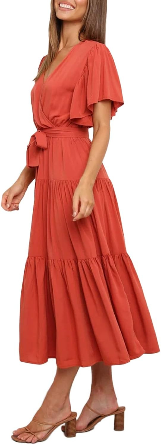 ISZPLUSH Women's Dress Wrap V Neck Ruffle Swing Short Sleeve High Waist Party Beach Maxi Dresses | Amazon (US)