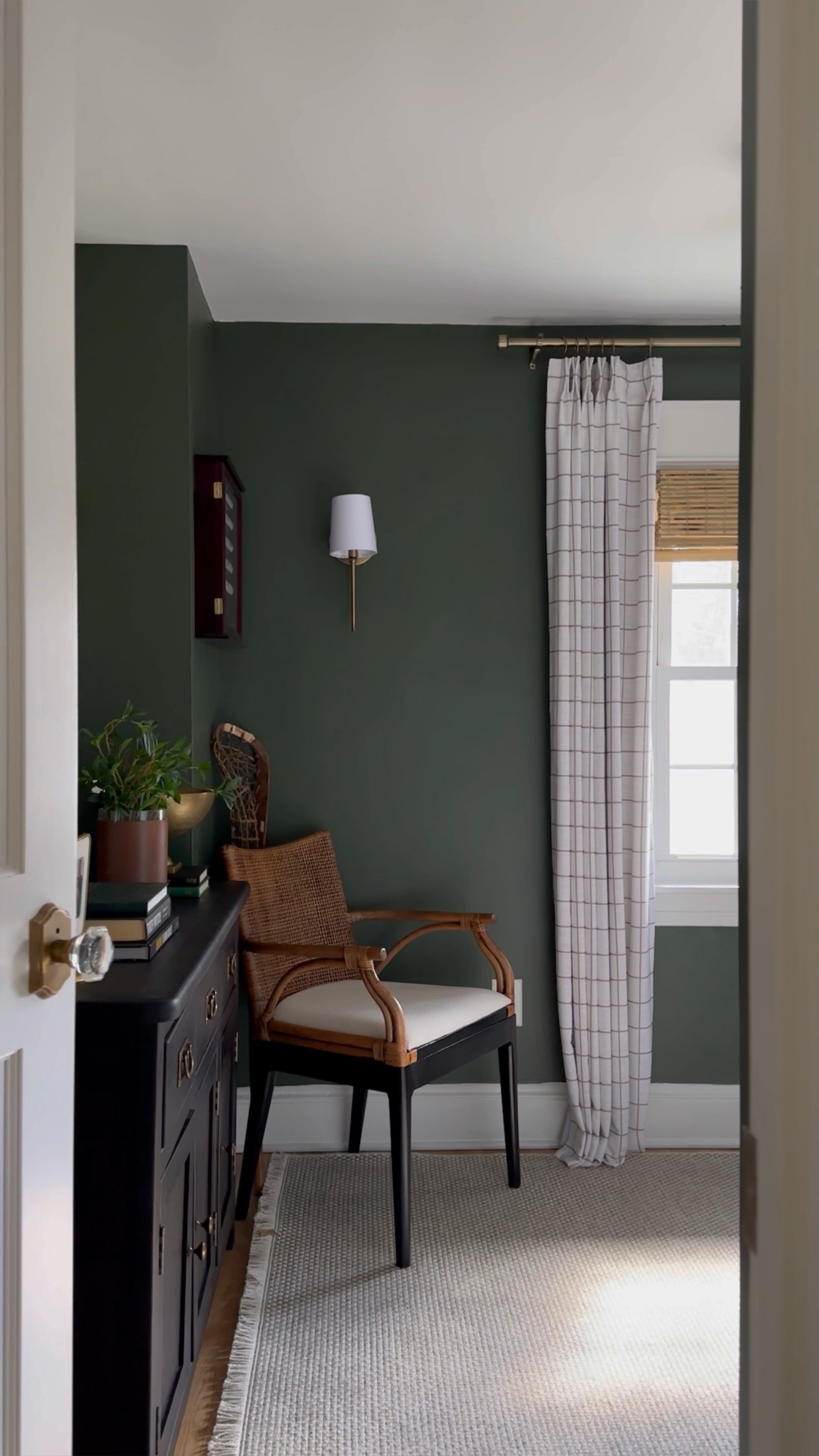 The reveal of G’s office is live on the blog! Read all about the decisions made, what exactly is on that main wall and shop it all from the bio 🤍
•
•
•
dark green paint, home office, office decor, office style, men’s office, two pages curtains, woven Roman shades, console storage, gallery wall frames, golf office, sports office, loloi rug, moody office, modern traditional 

#LTKhome #LTKstyletip #LTKsalealert